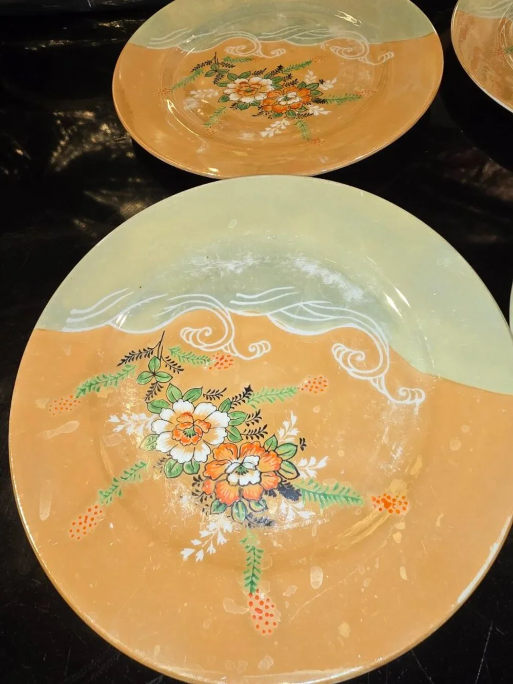 Japanese Lusterware Set of 6 Plates Hand painted Floral Peach Waves Blue 7.25
